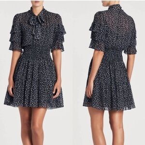 NWT REBECCA TAYLOR Black Silk SS Mini Cheetah Dress Ruffles Neck Tie